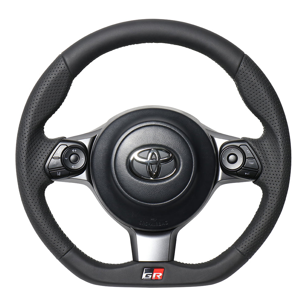 REAL ORIGINAL SERIES EMBLEM TYPE D SHAPE ALL LEATHER SILVER X BLACK EURO STITCH STEERING WHEEL FOR TOYOTA PRIUS PHV GR SPORT 50  GRM-LPB-SL