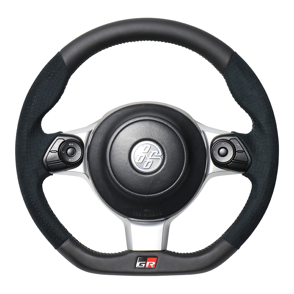 REAL ORIGINAL SERIES EMBLEM TYPE BLACK LEATHER & BLACK ULTRA SUEDE SILVER X BLACK EURO STITCH STEERING WHEEL FOR TOYOTA 86 ZN6 KOUKI GRM-ALC-SL