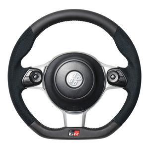 REAL ORIGINAL SERIES EMBLEM TYPE BLACK LEATHER & BLACK ULTRA SUEDE SILVER X BLACK EURO STITCH STEERING WHEEL FOR TOYOTA 86 ZN6 KOUKI GRM-ALC-SL