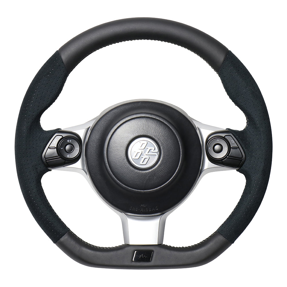 REAL ORIGINAL SERIES EMBLEM TYPE BLACK LEATHER & BLACK ULTRA SUEDE SILVER X BLACK EURO STITCH STEERING WHEEL FOR TOYOTA 86 ZN6 KOUKI GRM-ALC-SL
