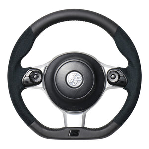 REAL ORIGINAL SERIES EMBLEM TYPE BLACK LEATHER & BLACK ULTRA SUEDE SILVER X BLACK EURO STITCH STEERING WHEEL FOR TOYOTA 86 ZN6 KOUKI GRM-ALC-SL