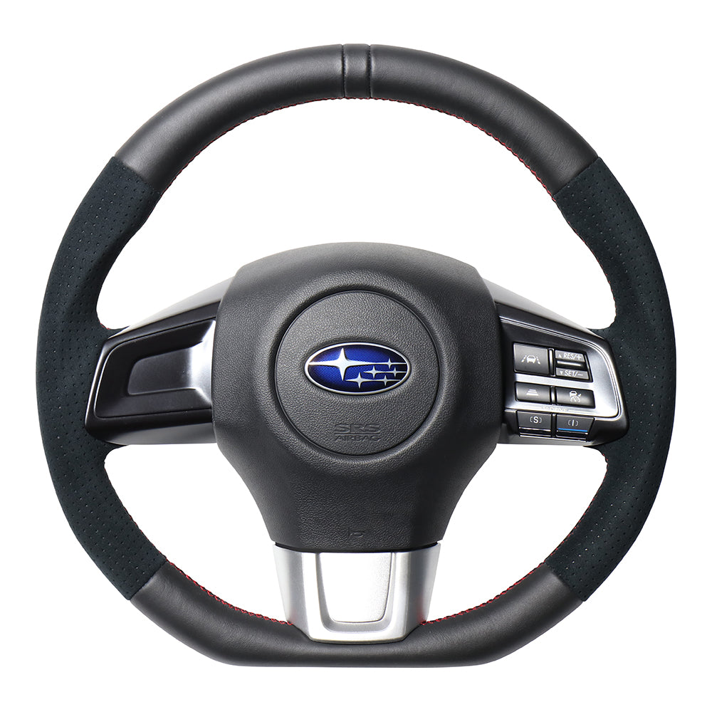 REAL ORIGINAL SERIES D SHAPE BLACK LEATHER CENTER MARK & BLACK ULTRA SUEDE RED X BLACK EURO STITCH STEERING WHEEL FOR SUBARU WRX STI VAB  SBA-ALC-RD