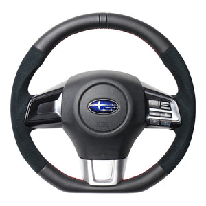REAL ORIGINAL SERIES D SHAPE BLACK LEATHER CENTER MARK & BLACK ULTRA SUEDE RED X BLACK EURO STITCH STEERING WHEEL FOR SUBARU WRX STI VAB  SBA-ALC-RD