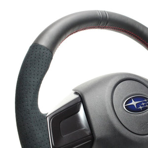 REAL ORIGINAL SERIES D SHAPE BLACK LEATHER CENTER MARK & BLACK ULTRA SUEDE RED X BLACK EURO STITCH STEERING WHEEL FOR SUBARU WRX S4 VAG  SBA-ALC-RD