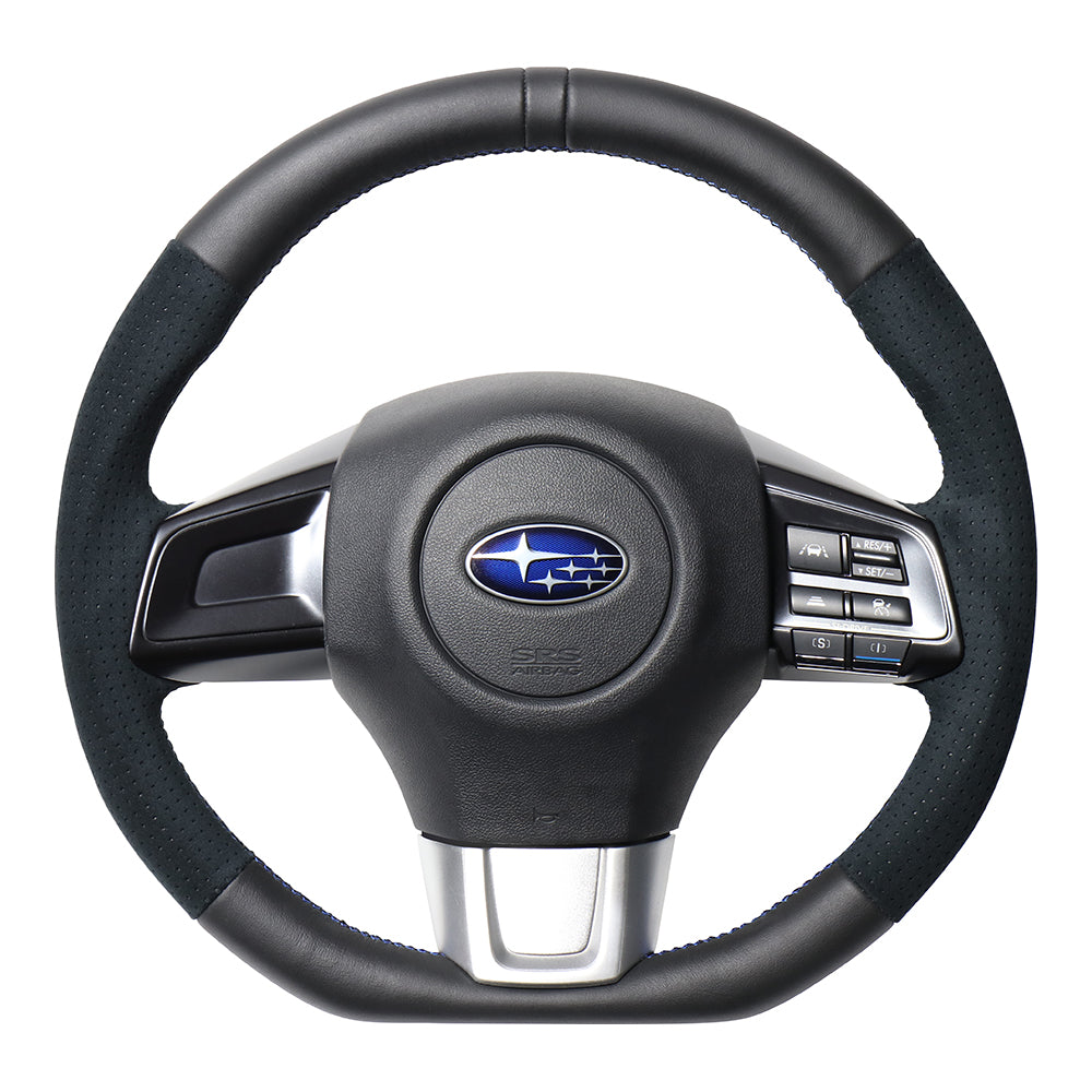 REAL ORIGINAL SERIES D SHAPE BLACK LEATHER CENTER MARK & BLACK ULTRA SUEDE BLUE X BLACK EURO STITCH STEERING WHEEL FOR SUBARU WRX S4 VAG  SBA-ALC-BL