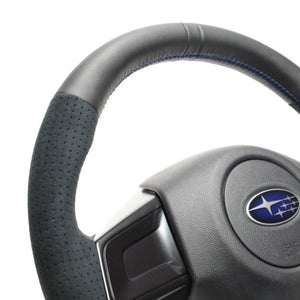 REAL ORIGINAL SERIES D SHAPE BLACK LEATHER CENTER MARK & BLACK ULTRA SUEDE BLUE X BLACK EURO STITCH STEERING WHEEL FOR SUBARU WRX STI VAB  SBA-ALC-BL