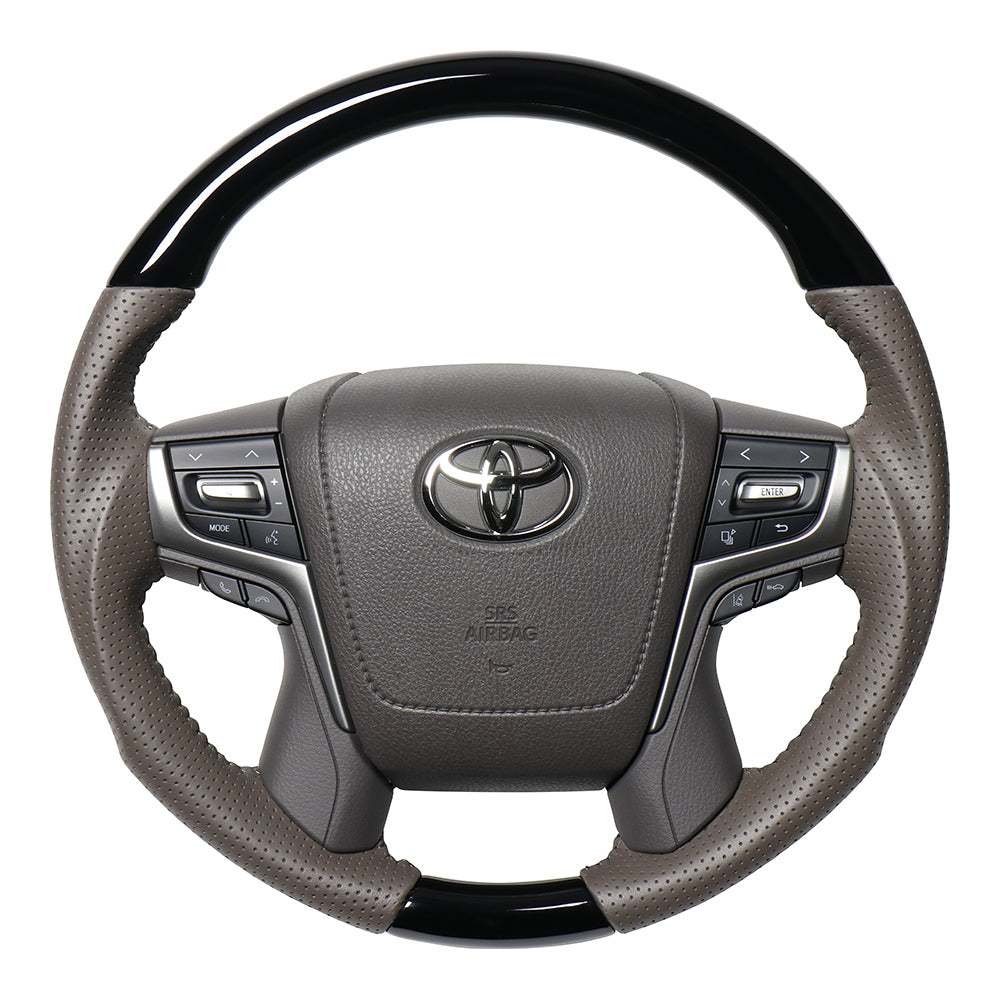 REAL ORIGINAL SERIES ROUND SHAPE PIANO BLACK & DARK GREIGE LEATHER GRAY STITCHING STEERING WHEEL FOR TOYOTA LAND CRUISER PRADO 150 : KOUKI  H30G-PBW-GL