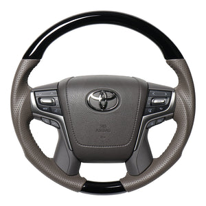 REAL ORIGINAL SERIES ROUND SHAPE PIANO BLACK & DARK GREIGE LEATHER GRAY STITCHING STEERING WHEEL FOR TOYOTA LAND CRUISER PRADO 150 : KOUKI  H30G-PBW-GL