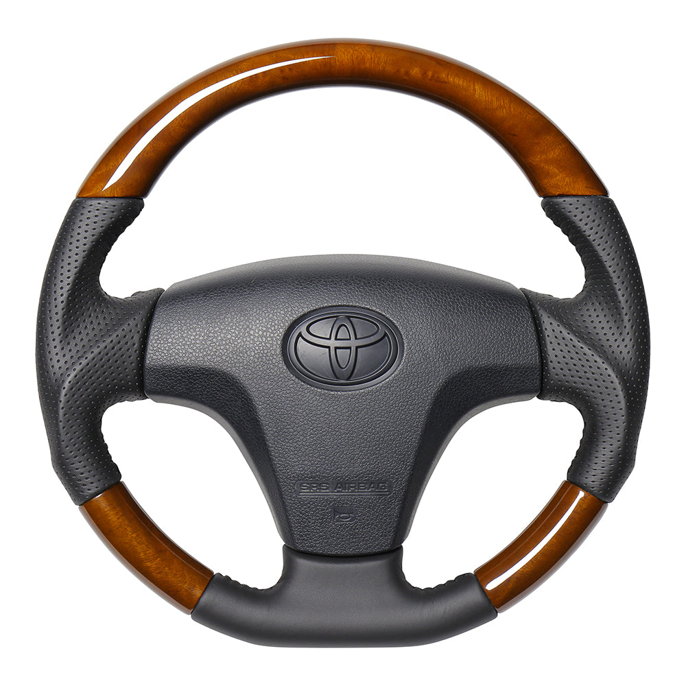 REAL ORIGINAL SERIES SOFT D SHAPE 42 BROWN WOOD BLACK STITCH STEERING WHEEL FOR DAIHATSU HIJET TRUCK S500P: ZENKI S510P: ZENKI TYB-42BRW-BK