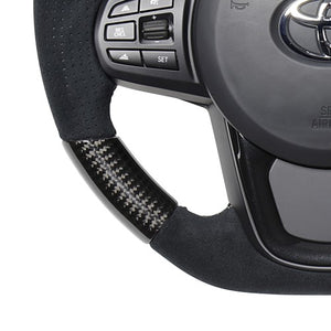 REAL PREMIUM SERIES D SHAPE BLACK CARBON & BLACK ULTRA SUEDE SILVER EURO STITCH STEERING WHEEL FOR TOYOTA SUPRA DB TYPE  TYCP-ALC-BKC - Black Hawk Japan