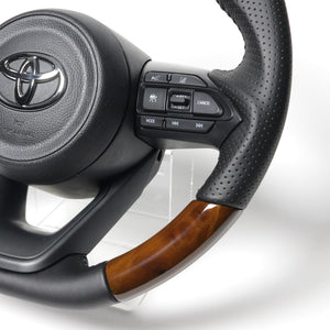 REAL ORIGINAL SERIES D SHAPE 42 BROWN WOOD BLACK STITCH STEERING WHEEL FOR TOYOTA SIENTA MXPL10 MXPC10  TYE-42BRW-BK