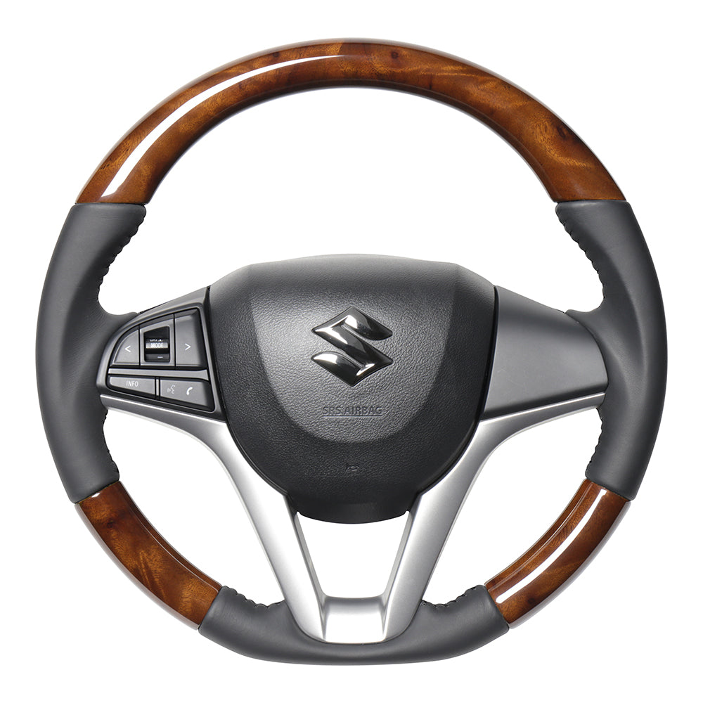 REAL ORIGINAL SERIES SOFT D SHAPE 42 BROWN WOOD BLACK STITCH STEERING WHEEL FOR SUZUKI SOLIO MA27S MA37S MA47S  SZC-42BRW-BK