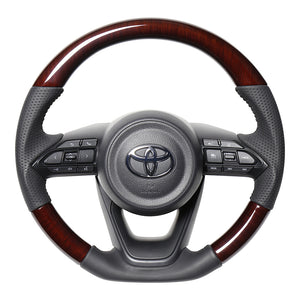REAL ORIGINAL SERIES D SHAPE 56 BROWN WOOD BLACK STITCH STEERING WHEEL FOR TOYOTA AQUA GR SPORT MXPK11  TYJ-56BRW