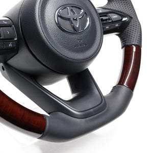 REAL ORIGINAL SERIES D SHAPE 56 BROWN WOOD BLACK STITCH STEERING WHEEL FOR TOYOTA AQUA MXPK10  TYJ-56BRW