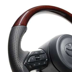 REAL ORIGINAL SERIES D SHAPE 56 BROWN WOOD BLACK STITCH STEERING WHEEL FOR TOYOTA AQUA MXPK10  TYJ-56BRW