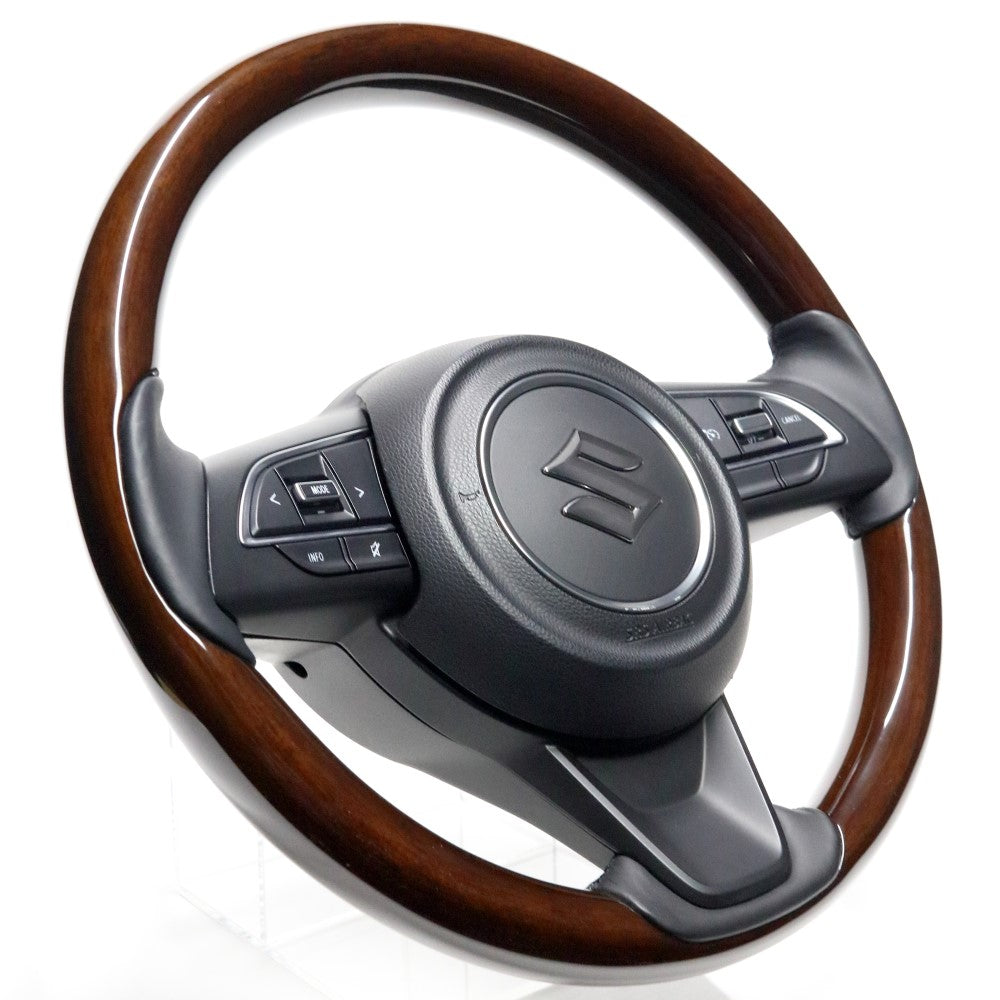 REAL ORIGINAL SERIES ALL WOOD ROUND SHAPE 16 DARK BROWN WOOD BLACK EURO STITCH STEERING WHEEL FOR SUZUKI JIMNY JB64W  SZBW-BRW-BK