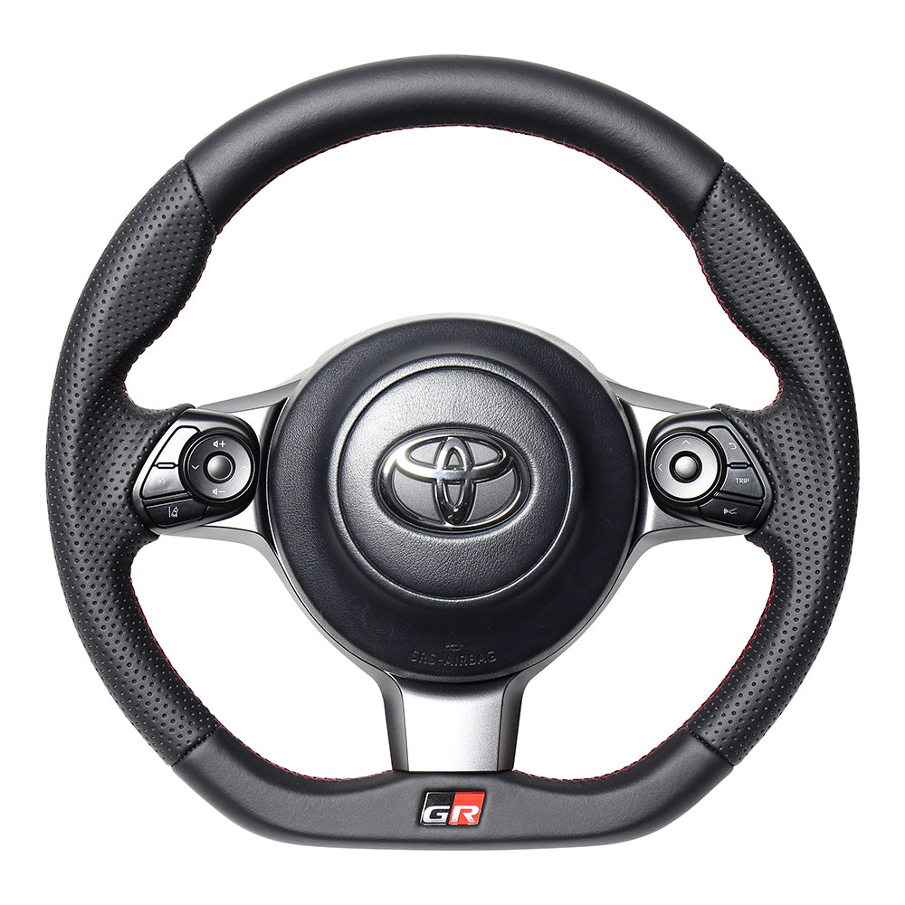 REAL ORIGINAL SERIES EMBLEM TYPE D SHAPE ALL LEATHER RED X BLACK EURO STITCH STEERING WHEEL FOR TOYOTA C-HR GR SPORT 10  GRM-LPB-RD