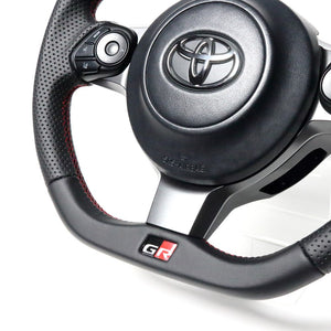 REAL ORIGINAL SERIES EMBLEM TYPE D SHAPE ALL LEATHER RED X BLACK EURO STITCH STEERING WHEEL FOR TOYOTA C-HR GR SPORT 10  GRM-LPB-RD