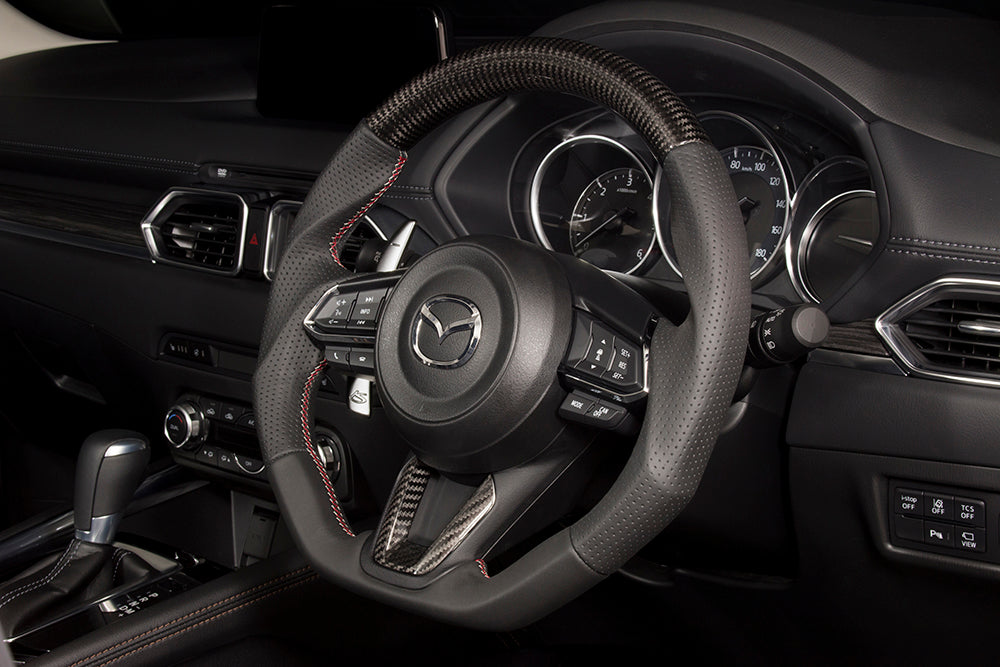 KENSTYLE STEERING WHEEL CARBON LEATHER COMBINATION RED AND SILVER STITCHING CARBON PANEL FOR MAZDA CX-5 KF MD04C